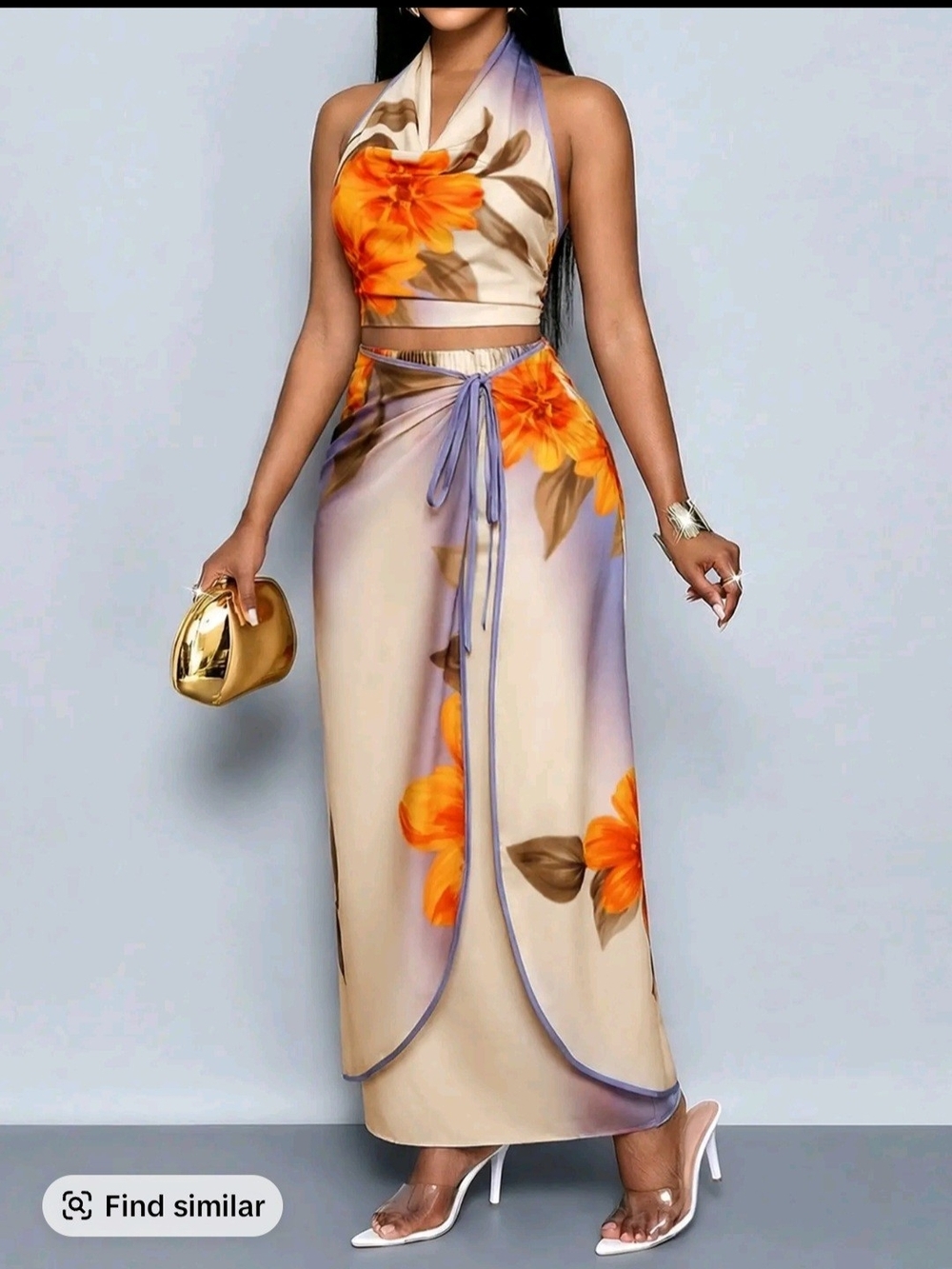 Floral Halter Wrap Maxi Skirt in Cream with Orange Bloom
